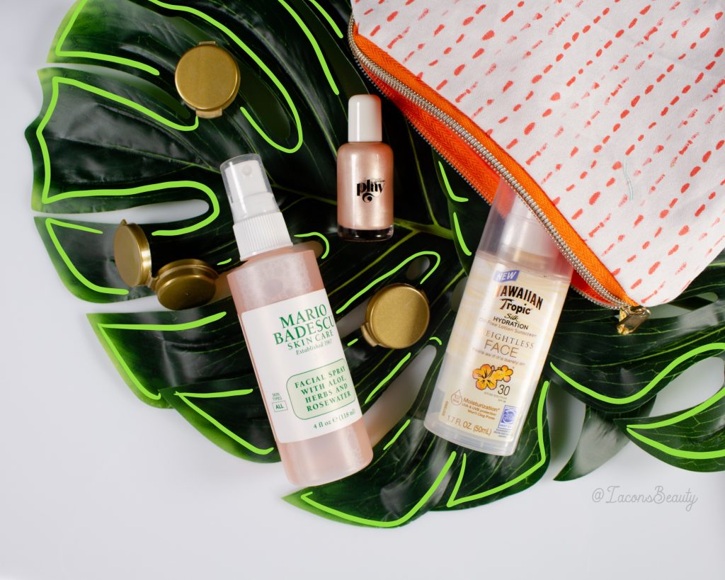 Lacons Beauty Containers and beauty products and makeup bag on a palm leaf