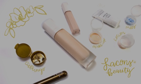 Lacons Beauty Sample Containers with Cosmetics and Products Scattered